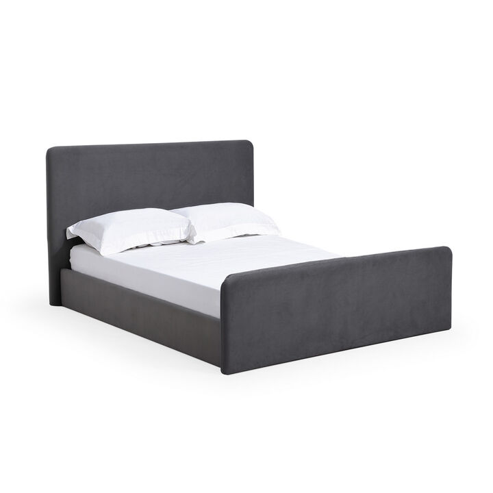 Cave Full Size Platform Bed, Soft Velvet Upholstered, Charcoal Gray - Benzara