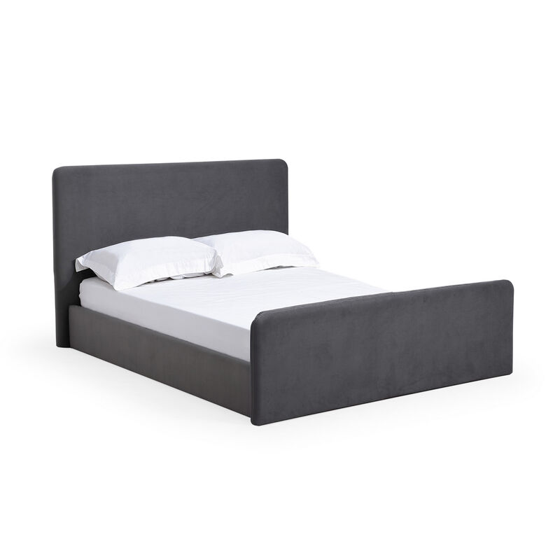 Cave King Size Platform Bed, Soft Velvet Upholstered, Charcoal Gray - Benzara