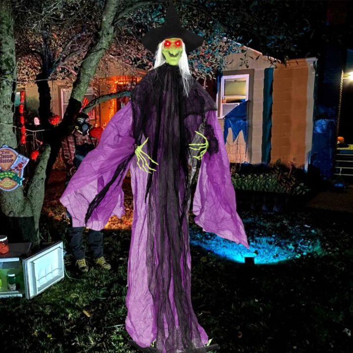 Hivvago 7.2 ft Halloween Standing Witch with Lighted Eyes and Automatic Arm Movement