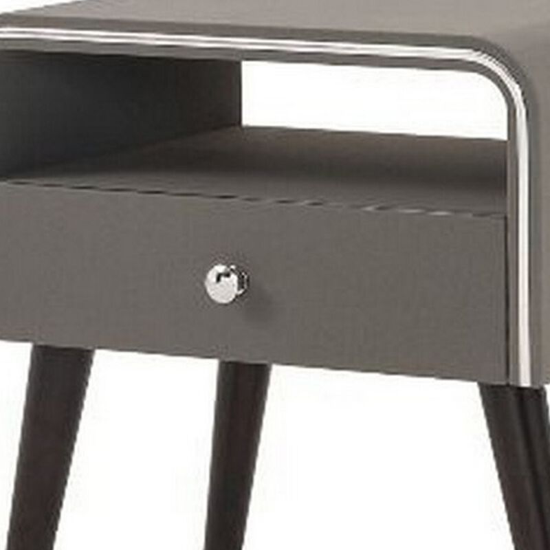 Curved Edge 1 Drawer Nightstand with Chrome Trim, Gray and Brown-Benzara