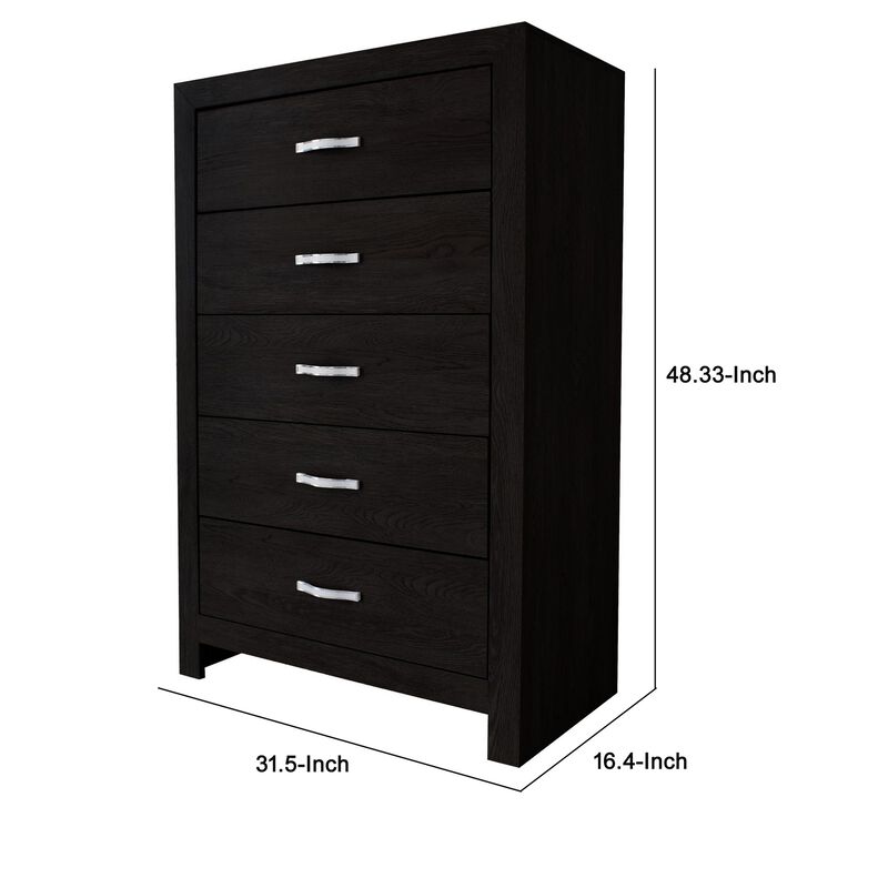 Ancy 48 Inch Tall 5 Drawer Dresser Chest, Faux Diamond Inlay Handles, Black-Benzara
