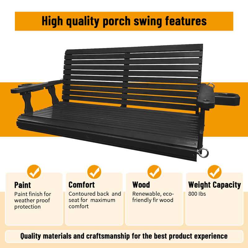 2-Seater Solid Wood Porch Hanging  Swing , Bench Swing with Cup holders, Hanging Chains and 7mm Springs, Heavy Duty 800 LBS, for Outdoor Patio Garden Yard, 4 ft, Black