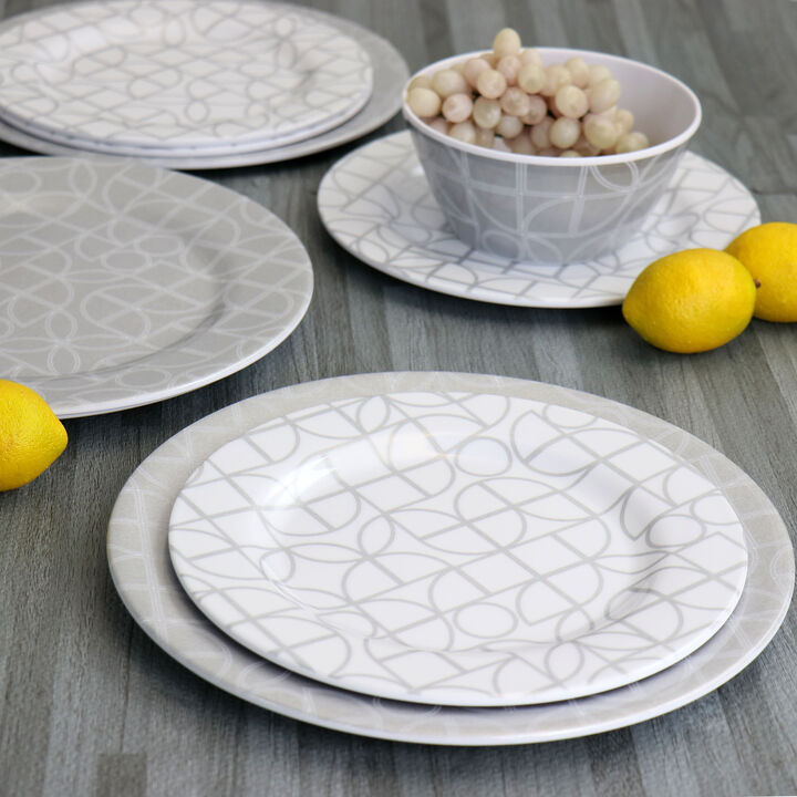 Laurie Gates California Designs Summer Bloom 12 Piece Melamine Dinnerware Set in Silver