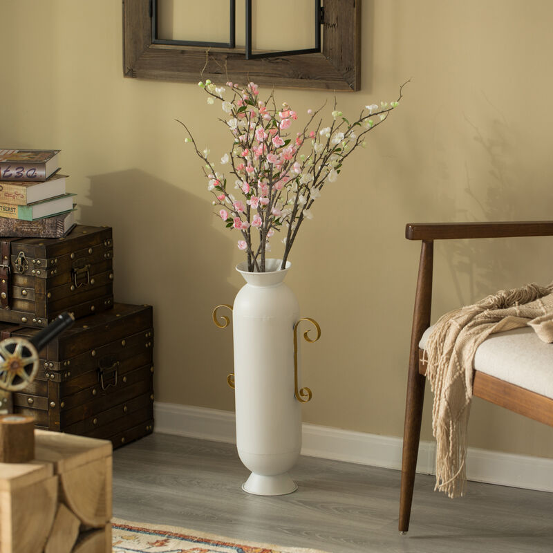 19.25 in Tall Decorative White Metal Floor Vase With 2 Gold Handles - Elegant Handcrafted Chic Vessel for Entryway, Living Room, or Dining Room - Modern Home Decor Accent - Tall Floor Standing Vase