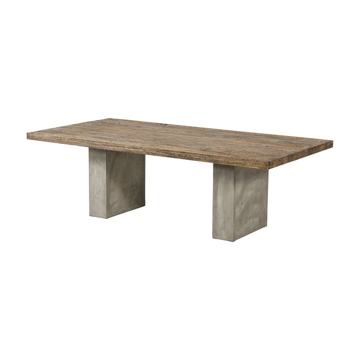 Cid Ari Dining Table, Concrete Base 118 Inch Rectangular Brown Oak Top - Benzara