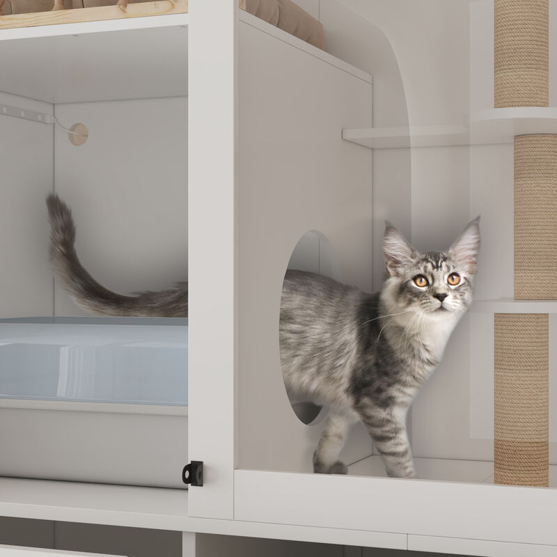 FUFU&GAGA MDF Cat Cabinet with 7 Spacious Drawers, Metal Handles & Lock – Cable Management, Cat Hole, (55" x 19.7" x 70.9"), White