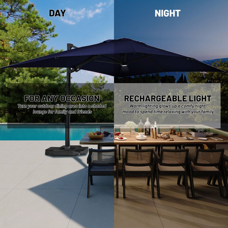 10 ft. 360° Rotation Square Cantilever Patio Umbrella with Base and LED Light in Navy Blue