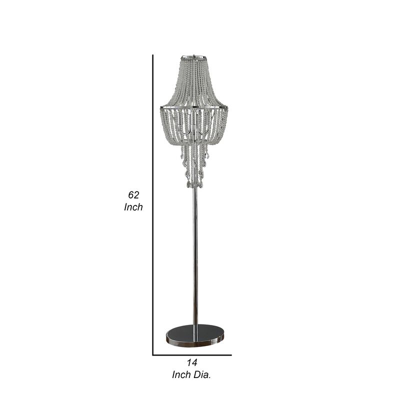Cara 62 Inch Floor Lamp, Hanging Drop Design, Crystal and Metal, Chrome-Benzara