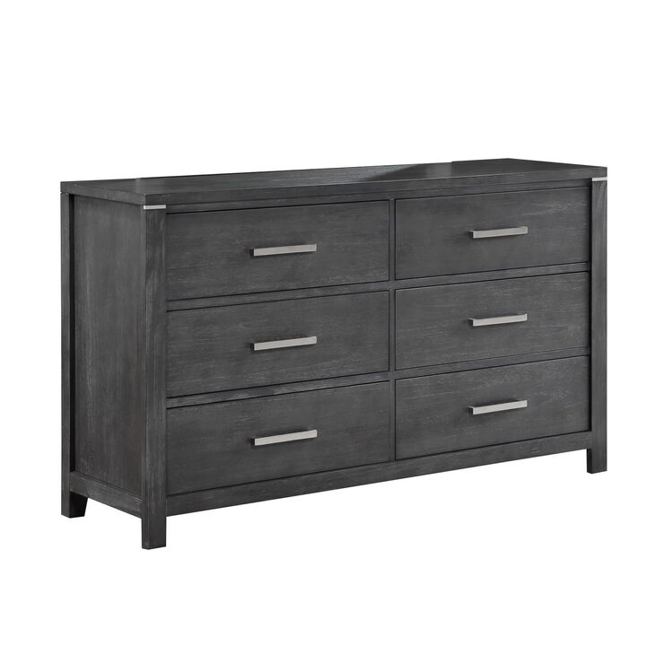 Benjara Tal 62 Inch Dresser, 6 Drawers Handles, Charcoal Finish, Gray, Chrome