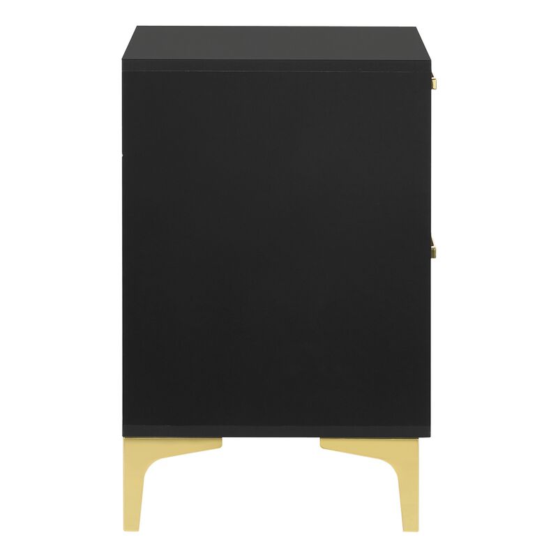 Lif 25 Inch Modern 2 Drawer Nightstand, Gold Metal Accents, Jet Black -Benzara