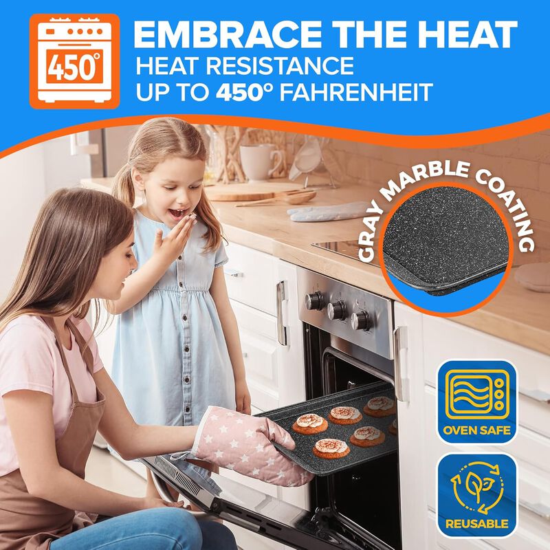 Stackable Baking Pan Set - Nonstick Gray Marble Coating, Carbon Steel Bakeware Sets, PFOA, PFOS, PTFE Free, Recipe Booklet Included, Oven Safe Tray (Up To 450° F), Set of 10 - Gray