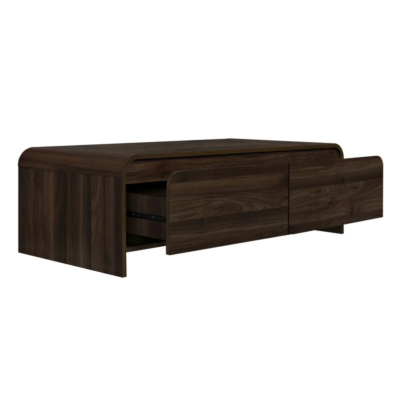 Maria Coffee Table, 2 Drawer and Waterfall Style, Brown Wood 47 Inch - Benzara