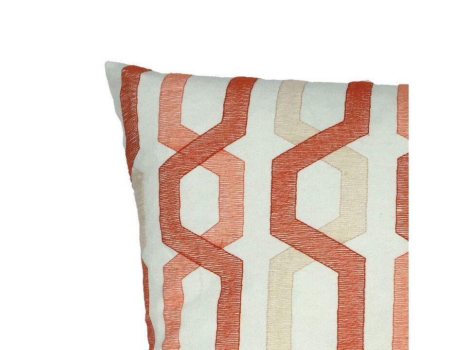 Contemporary Cotton Pillow with Geometric Embroidery, Red and Cream- Benzara