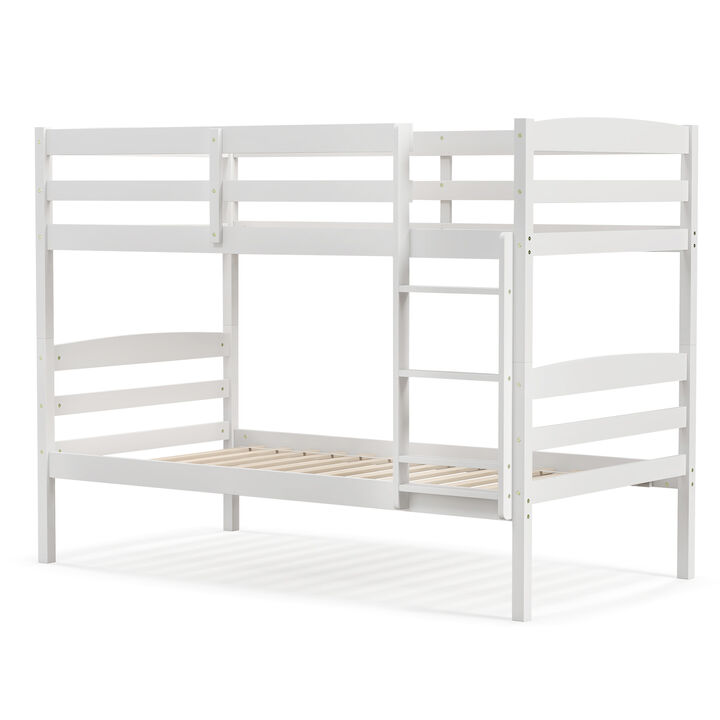 Solid Wood Twin Over Twin Bunk Bed Frame with High Guardrails and Integrated Ladder
