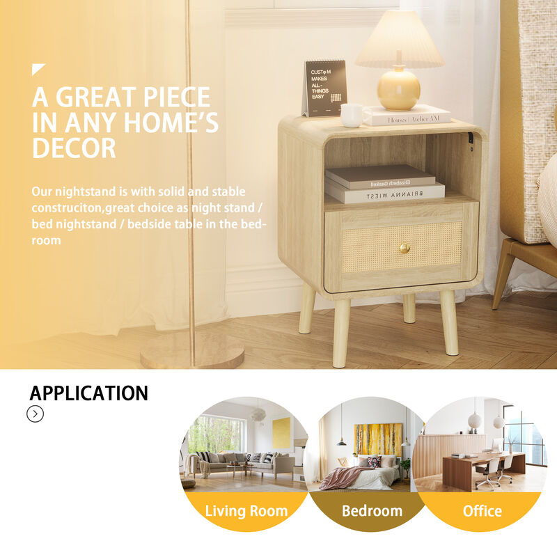FUFU&GAGA Modern Rattan Nightstand with Drawer & Open Storage, Solid Wood Legs, Natural Wood Grain Finish, (17.7" W x 23.8" H x 13.9" D), Brown