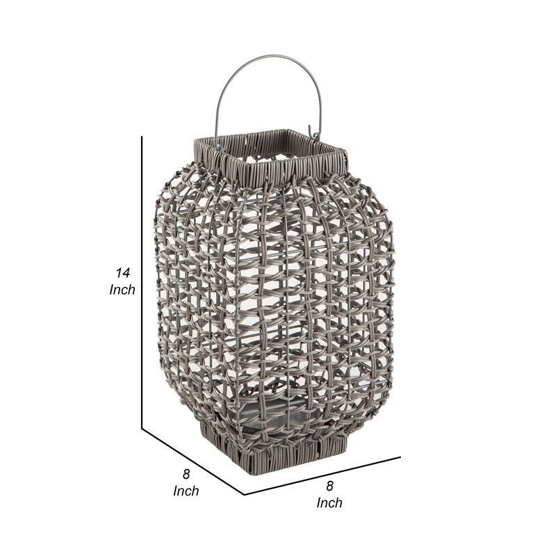 Neya Lantern, Indoor Outdoor Candle Holder, Bohemian Gray Faux Rattan Woven - Benzara