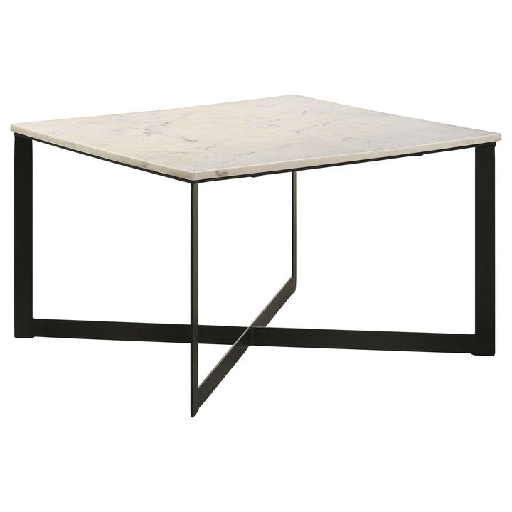 Sovi 28 Inch Side Coffee Table, Marble Top, Black Metal Frame, White Finish - Benzara
