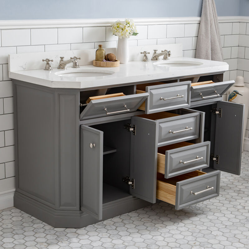Palace 60 In. Double Sink Carrara Quartz Countertop Bath Vanity in Cashmere Grey with Polished Nickel (PVD) Hardware, Classic Faucets and Rectangular Pivot Mirrors