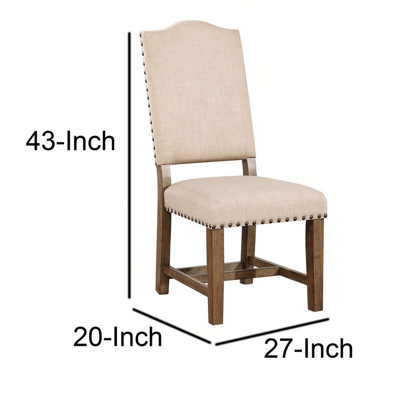 Fabric Upholstered Solid Wood Side Chair, Pack of Two, Beige and Brown-Benzara