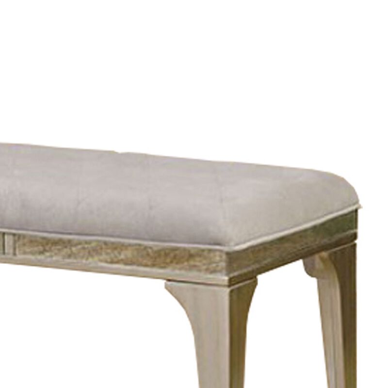 51 Inch Wood Bench, Cushioned Seat, Tapered Legs Support, Gray, Champagne Silver-Benzara
