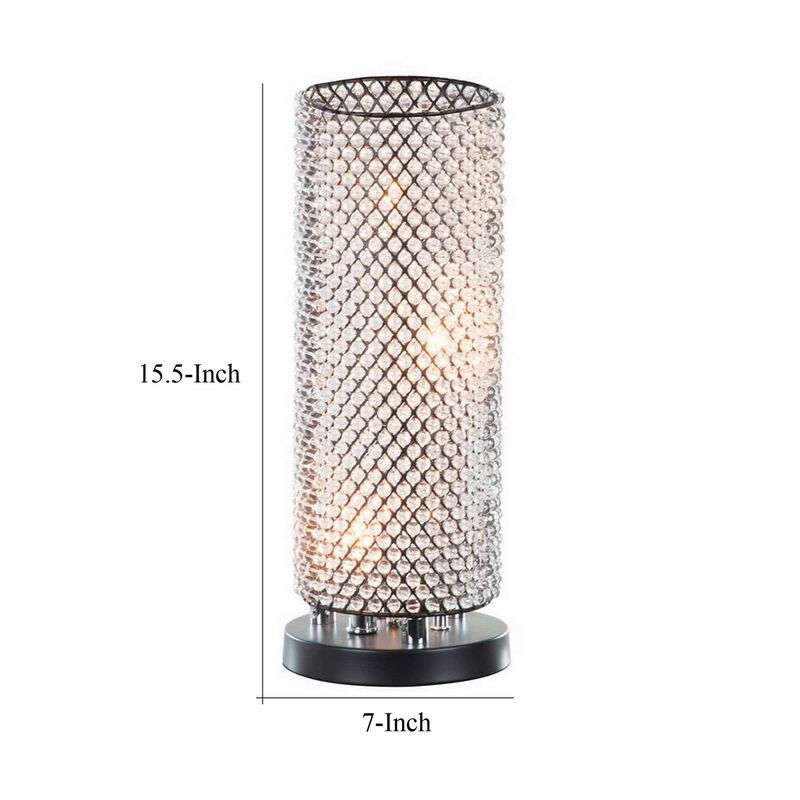 16 Inch Table Lamp, Crystal Cylinder Shade, Metal Mesh, Antique Bronze-Benzara