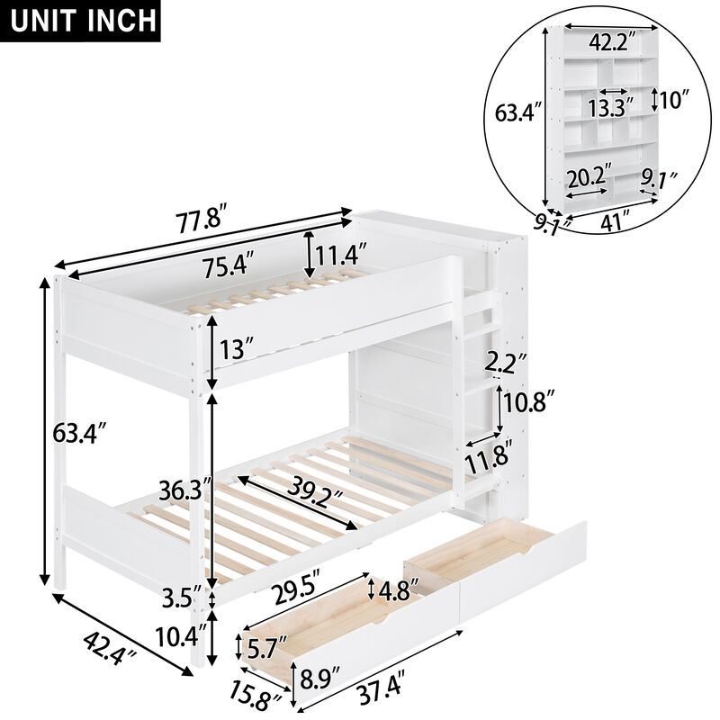 Twin Over Twin Bunk Bed With 2 Drawers And Multilayer Cabinet, White