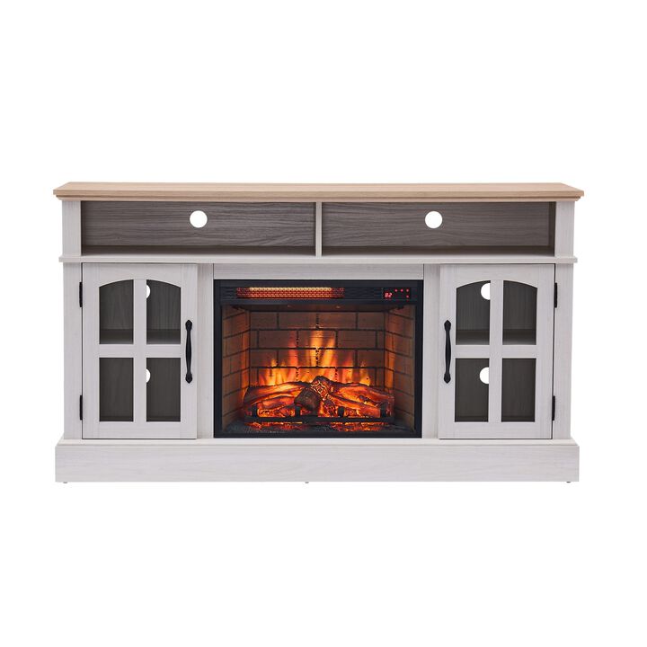Mondawe 58" Entertainment Center with 23" Electric Fireplace, TV Table for TVs up to 70 Inch, Media Console Cabinet with Storage and Glass Doors for Living Room，Bedroom