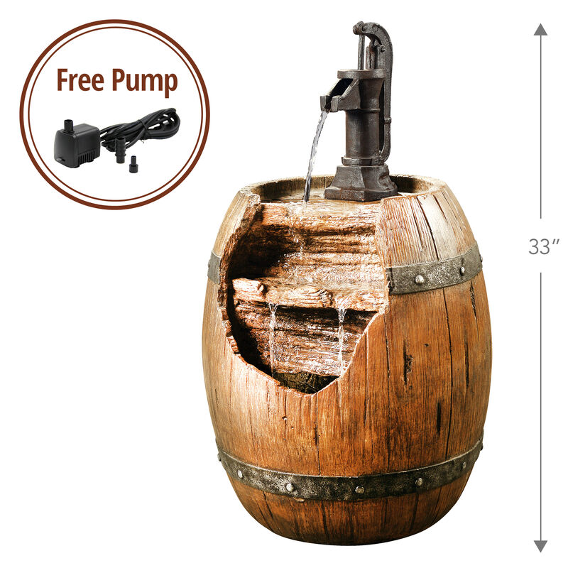 Teamson Home Outdoor Vintage Water Pump and Barrel Waterfall Fountain, Multicolor