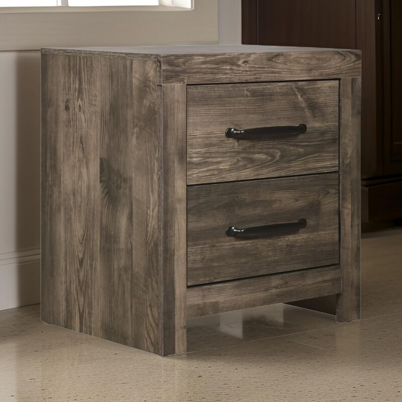 Ent 24 Inch Nightstand, 2 Drawers with Black Handles, Greige Brown Finish  - Benzara