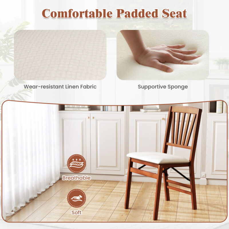 Set of 2 Folding Dining Chairs with Padded Seat and Rubber Wood Frame