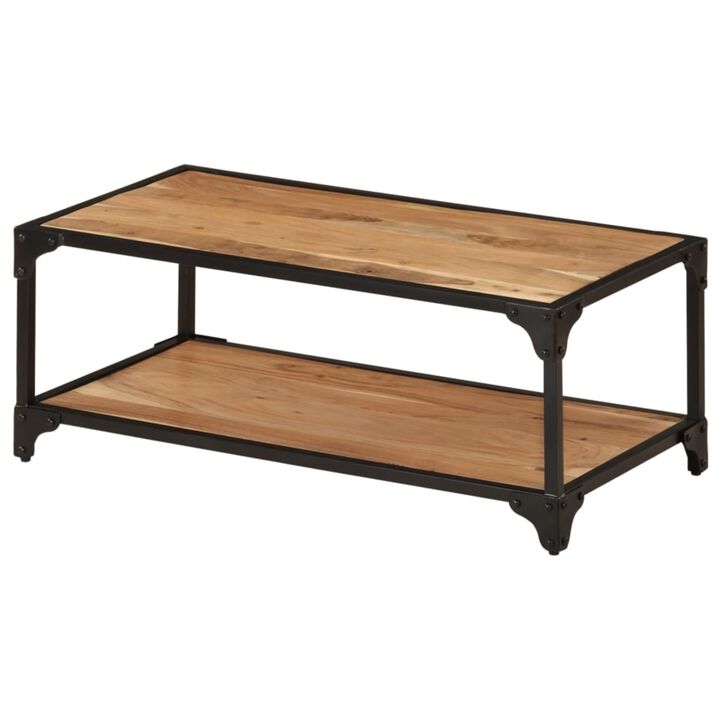 vidaXL Solid Acacia Wood Coffee Table with Iron Frame and Extra Storage Shelf, Retro Style, Natural Finish - 35.4"x17.7"x13.8"