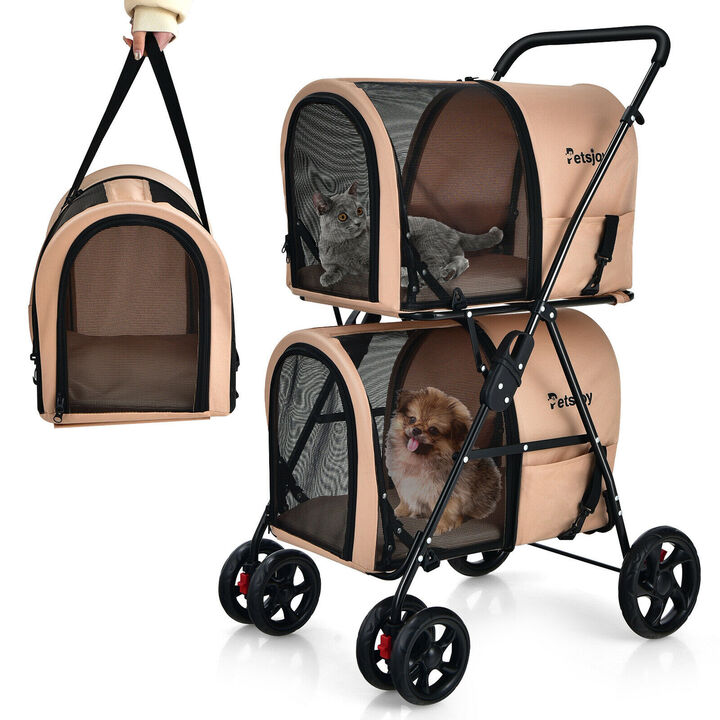 Costway 4-in-1 Double Pet Stroller w/ Detachable Carrier Travel Carriage for Cats Blue