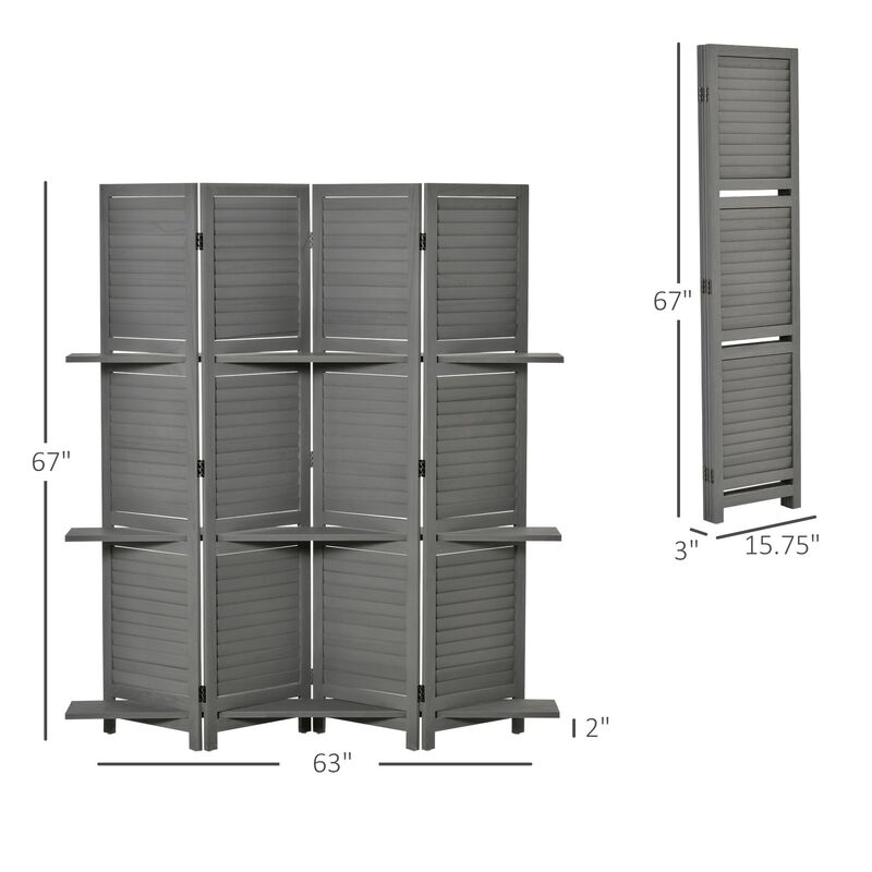 Gray Room Separator: 67" 4-Panel Wood Divider with Display Shelves