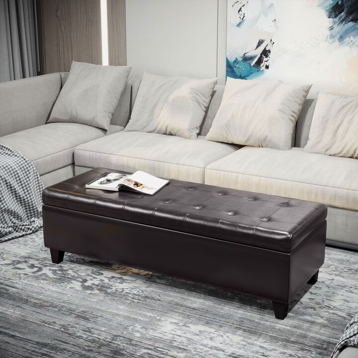 Luxe Dark Storage: 51" Brown Faux Leather Tufted Ottoman Bench
