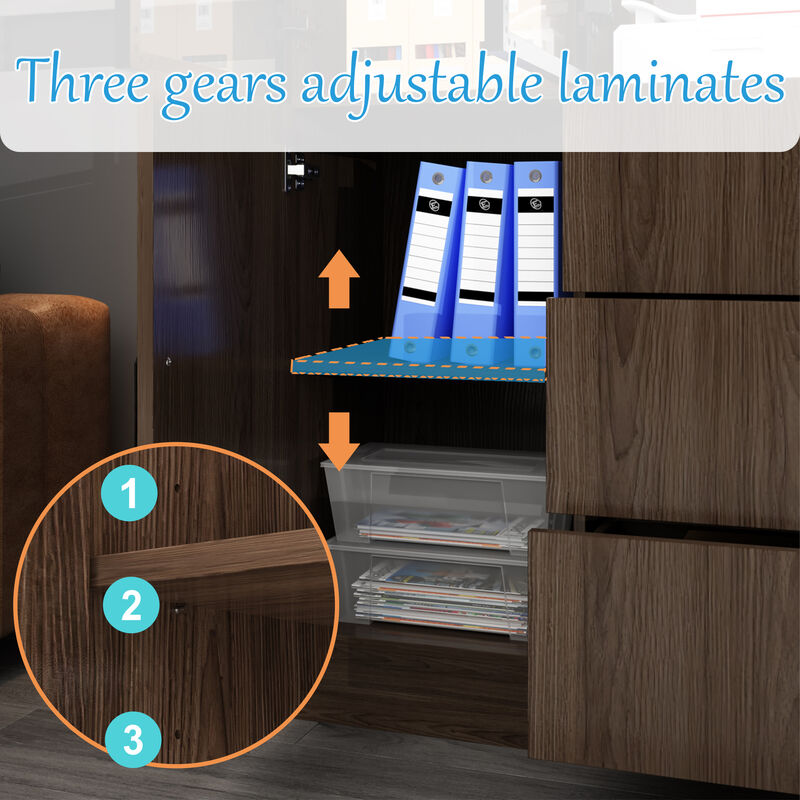 Brown Wood 63 in. W Display Cabinet With Pop up Tempered Glass Doors, 3-Color LED Lights, Drawers, Adjustable Shelves