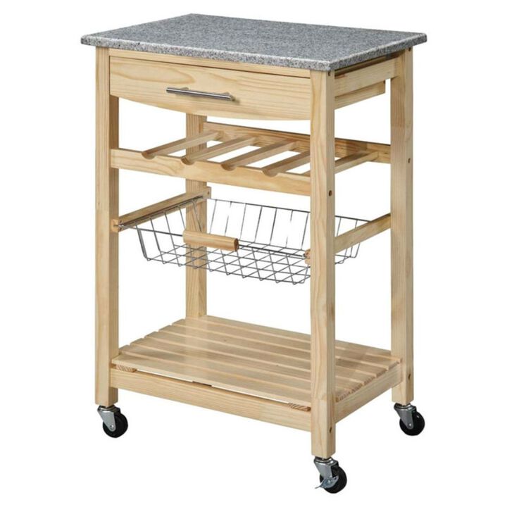 Hivvago Natural Wood Finish Kitchen Island Cart with Granite Top