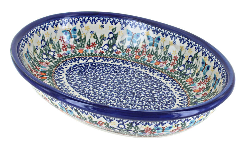 Blue Rose Polish Pottery Garden Butterfly Oval Baker