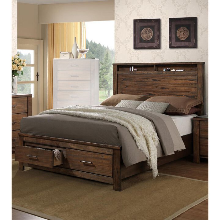 Enchanting Wooden E.King Bed With Display And Storage Drawers, Oak Finish - Benzara