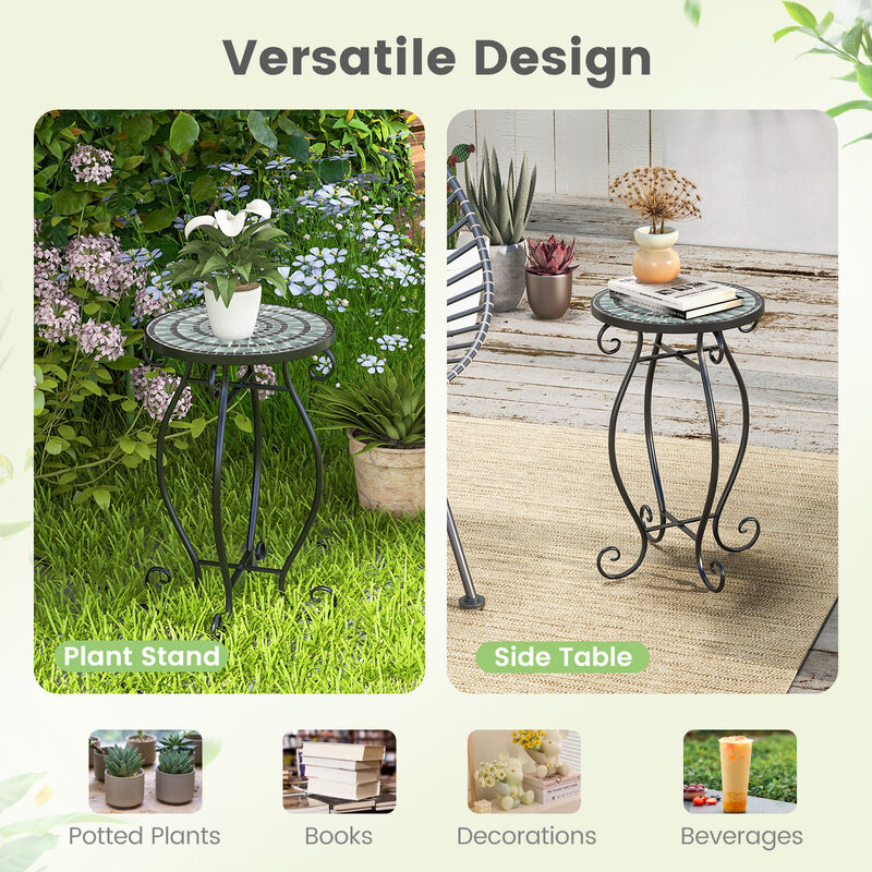 Small Plant Stand with Weather Resistant Ceramic Tile Tabletop-Black & Smoke Blue