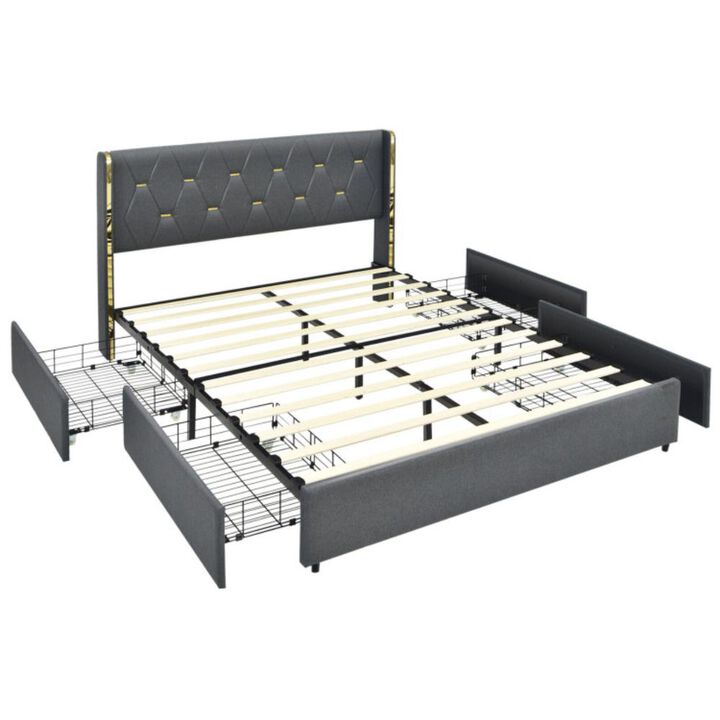 Hivvago Upholstered Bed Frame with 4 Storage Drawers