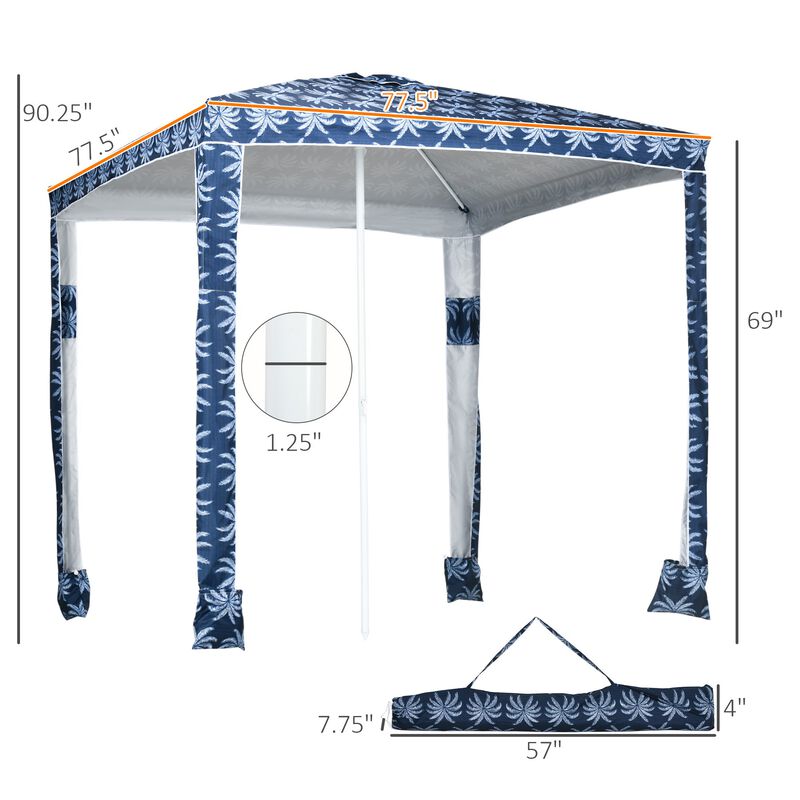 Blue Coconut Palm Cabana: 6.5' Quick Beach Umbrella, UV50+ Sun-Shade with Sandbags