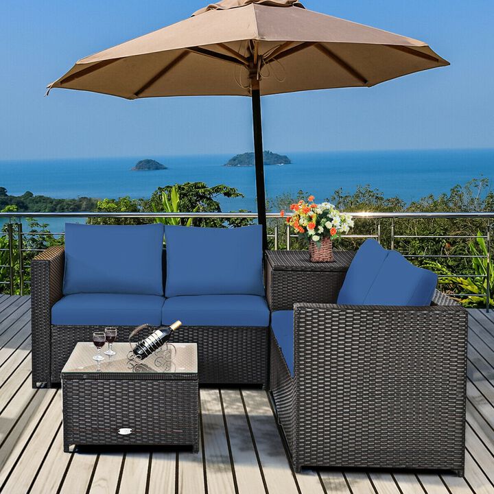 4 Pieces Outdoor Patio Rattan Furniture Set with Cushioned Loveseat and Storage Box