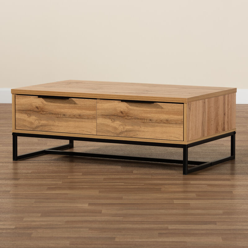 Baxton Studio Franklin Oak Brown Finished Wood And Black Finished Metal 2 Drawer Coffee Table