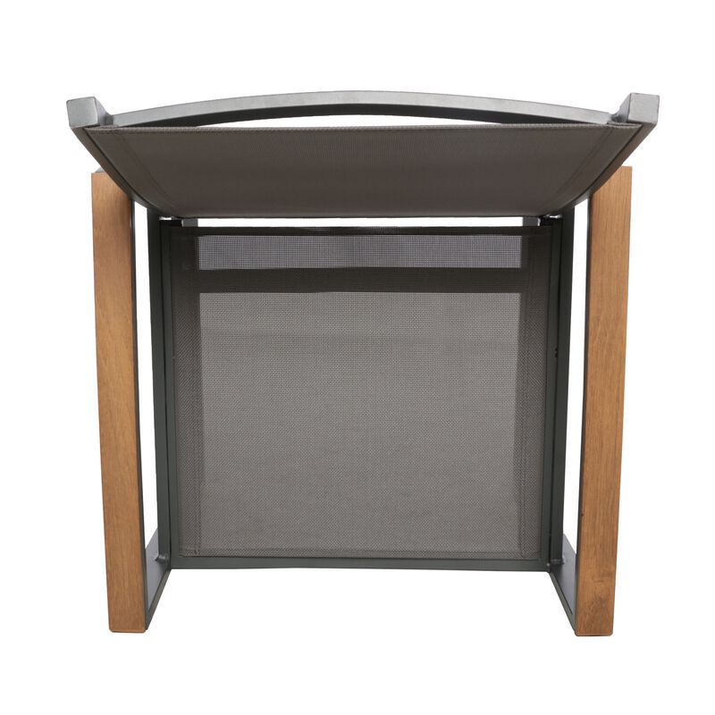 Outdoor Dining Chair Set of 2, Gray Mesh Seat and Brown Faux Wood, Metal