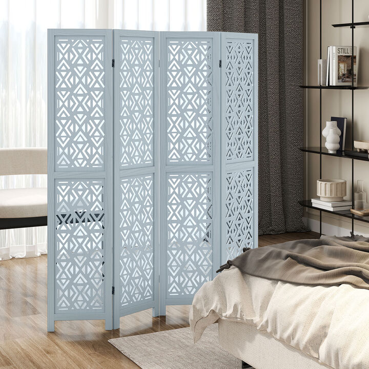 Wooden Room Divider with Carved Cutout Pattern and Solid Wood Frame-4 Panel