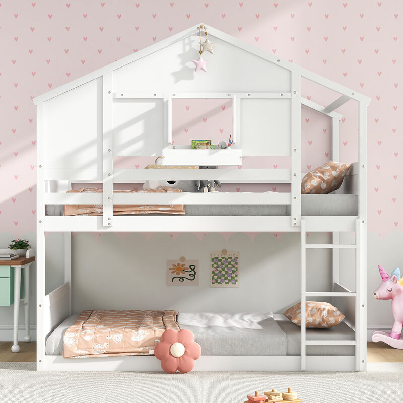 Bunk Bed for Kids with Roof and Lockable Window