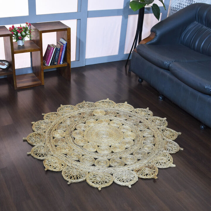 HAND WOVEN JUTE ECO-FRIENDLY Oriental AREA RUGS  - 6'7''x6'7'', Round Shape, Beige Color, Oriental, High Pile, Natural Fiber, Outdoor Indoor Handmade Area Rugs for Living Room, Bed Room (J00004)