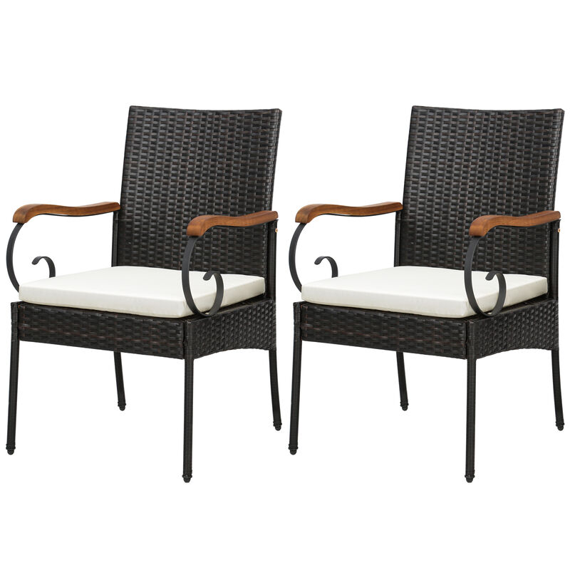 Set of 2 Outdoor PE Wicker Chair with Acacia Wood Armrests