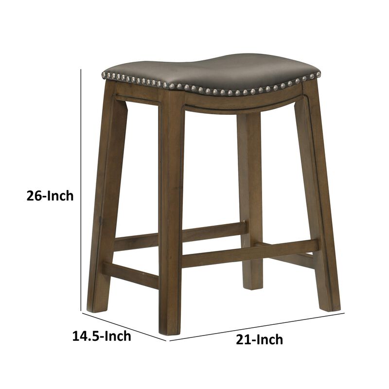 Miel 26 Inch Counter Height Stool, Gray Faux Leather Seat, Brown Solid Wood - Benzara