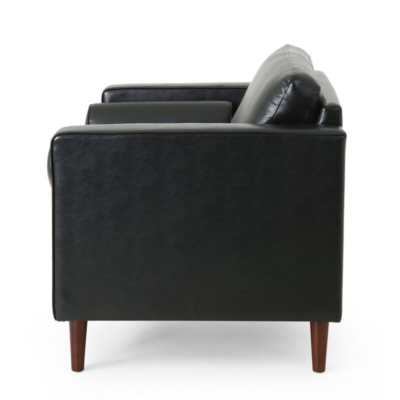 Accent Club Chair, 45 Inch Padded Seat, Birch Wood Legs, Black Faux Leather